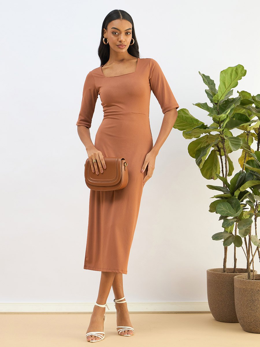 Rust Square Neck Knit Bodycon Midi Dress