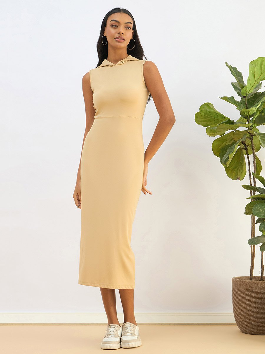 Beige Hooded Knit Bodycon Midi Dress For Women at UAE | Styli Beige Hooded Knit Bodycon Midi Dress For Women at UAE | Styli