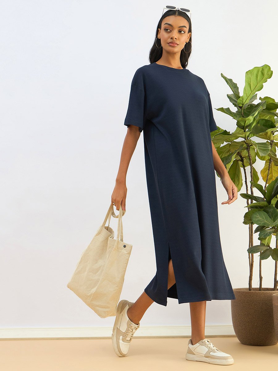 Navy Waffle Knit Oversized T-Shirt Midi Dress For Women at Bahrain | Styli