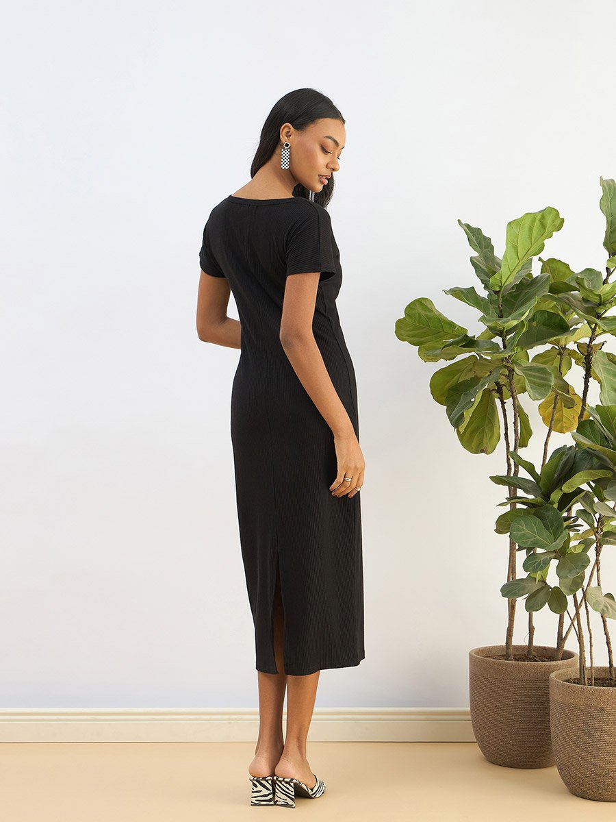 Black Ribbed Bodycon Midi Dress For Women at UAE | Styli