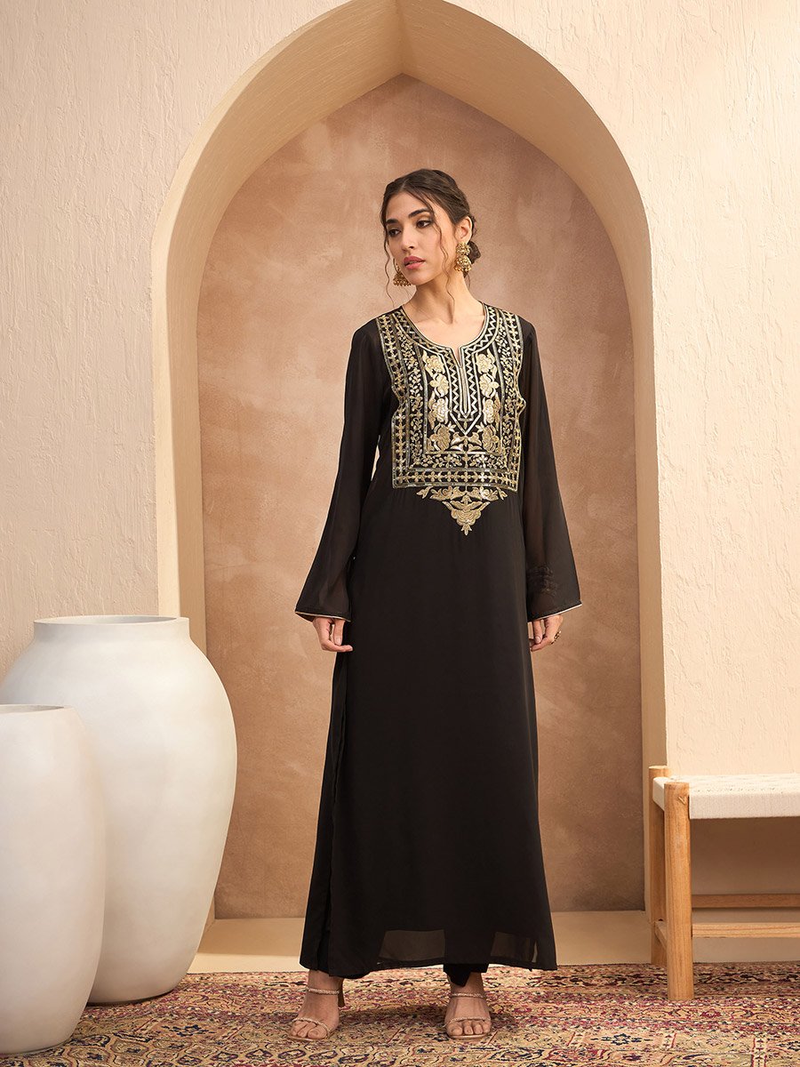 Black Sequined Abaya Dress with Inner Cami Slip For Women at Bahrain