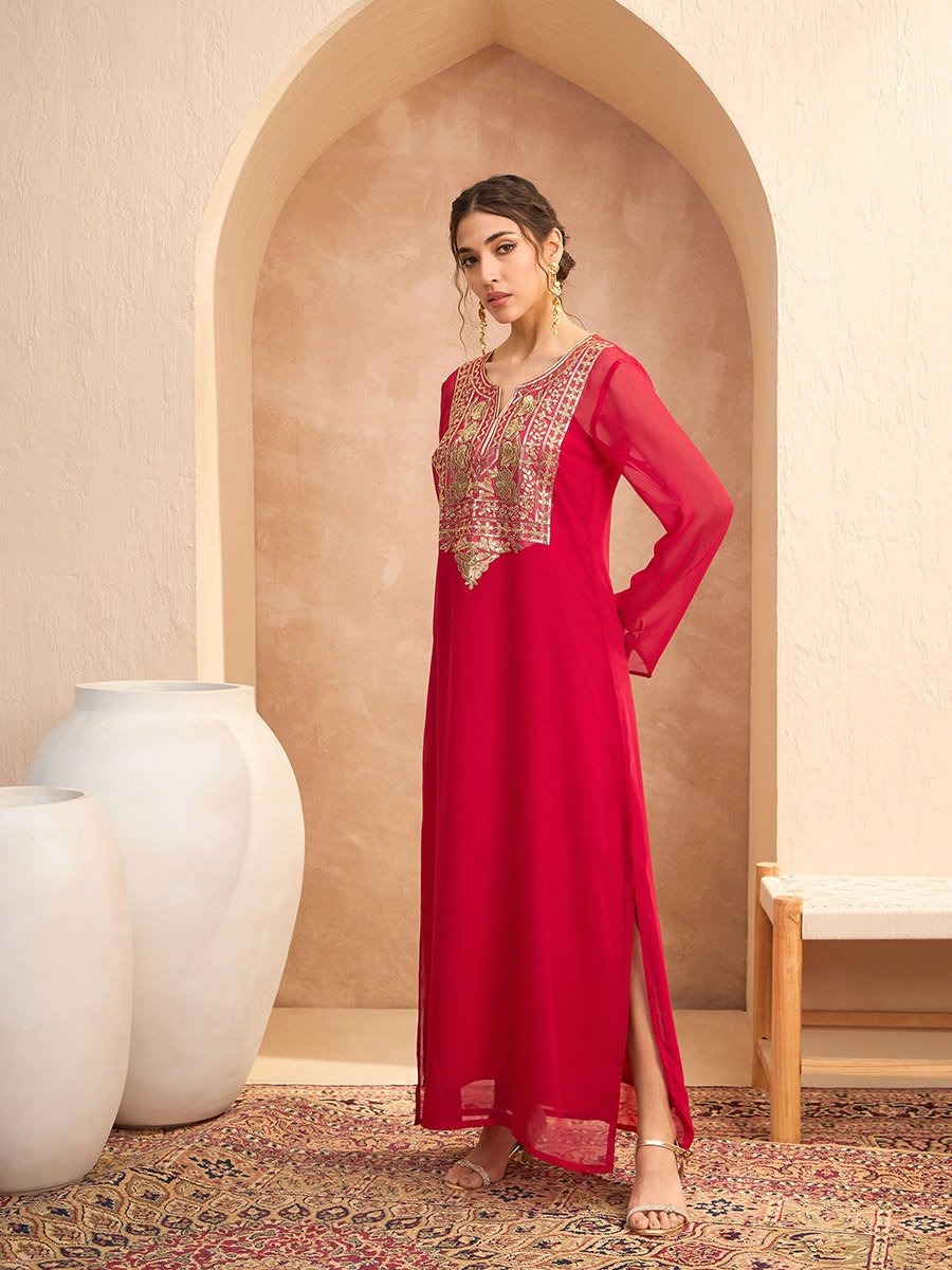 Red Sequined Abaya Dress with Inner Cami Slip