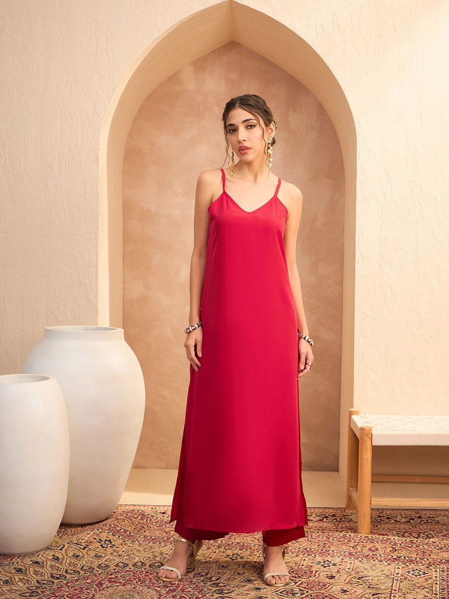 Red Sequined Abaya Dress with Inner Cami Slip