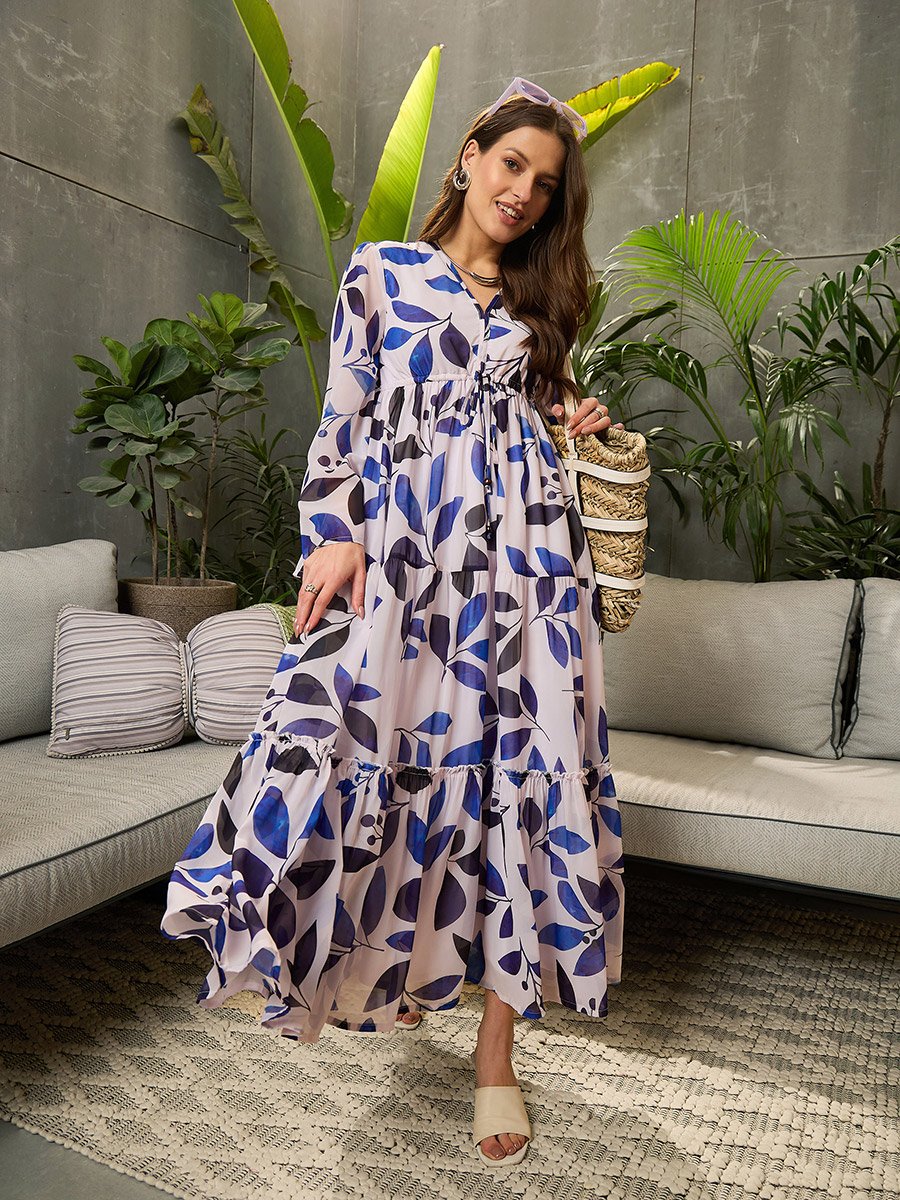 maxi dress white leaf print dress