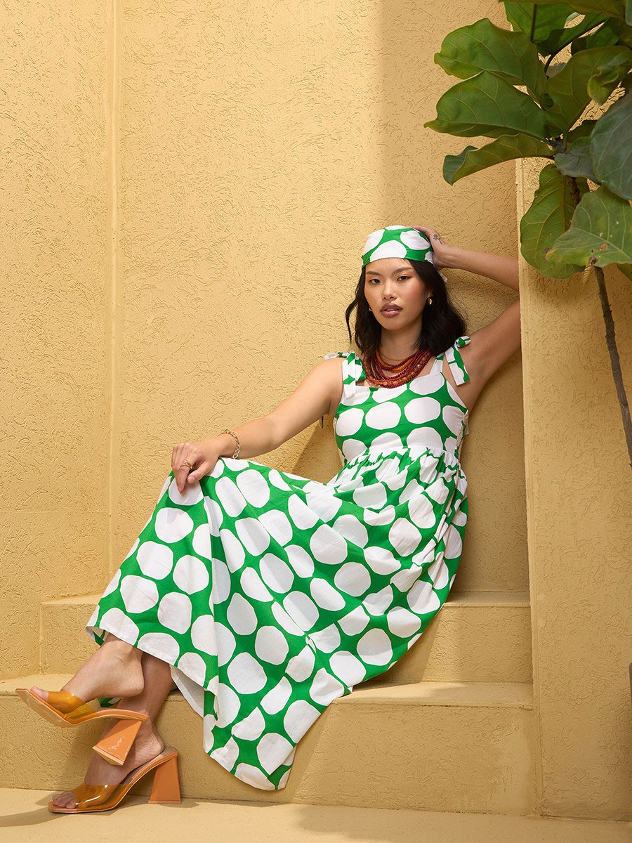 Green Polka Dot Shoulder Knot Maxi Dress