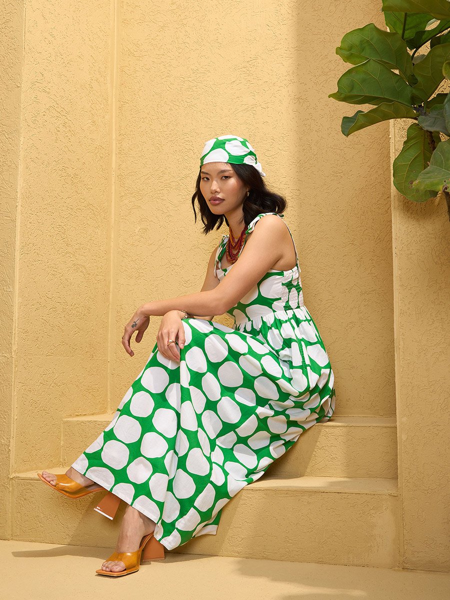 Green Polka Dot Shoulder Knot Maxi Dress