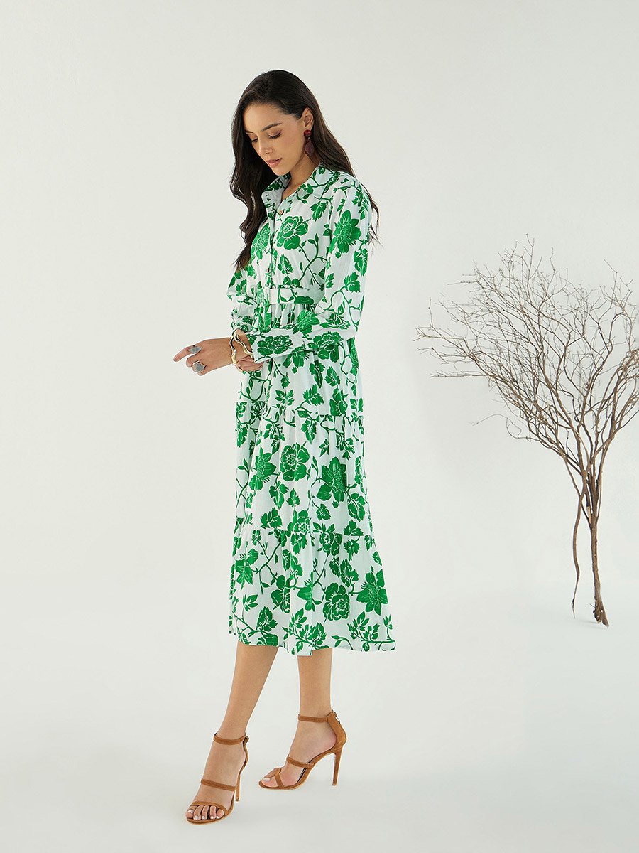 White and Green Floral Front-Button Midi Dress