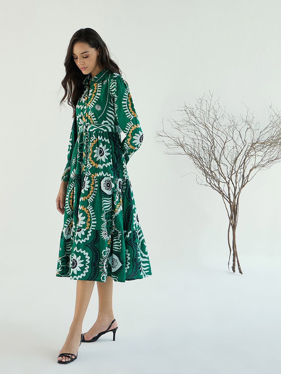 green dress trendy Long Sleeves Button Down Floral Midi Dress with Side Pockets Large / Hunter Green
