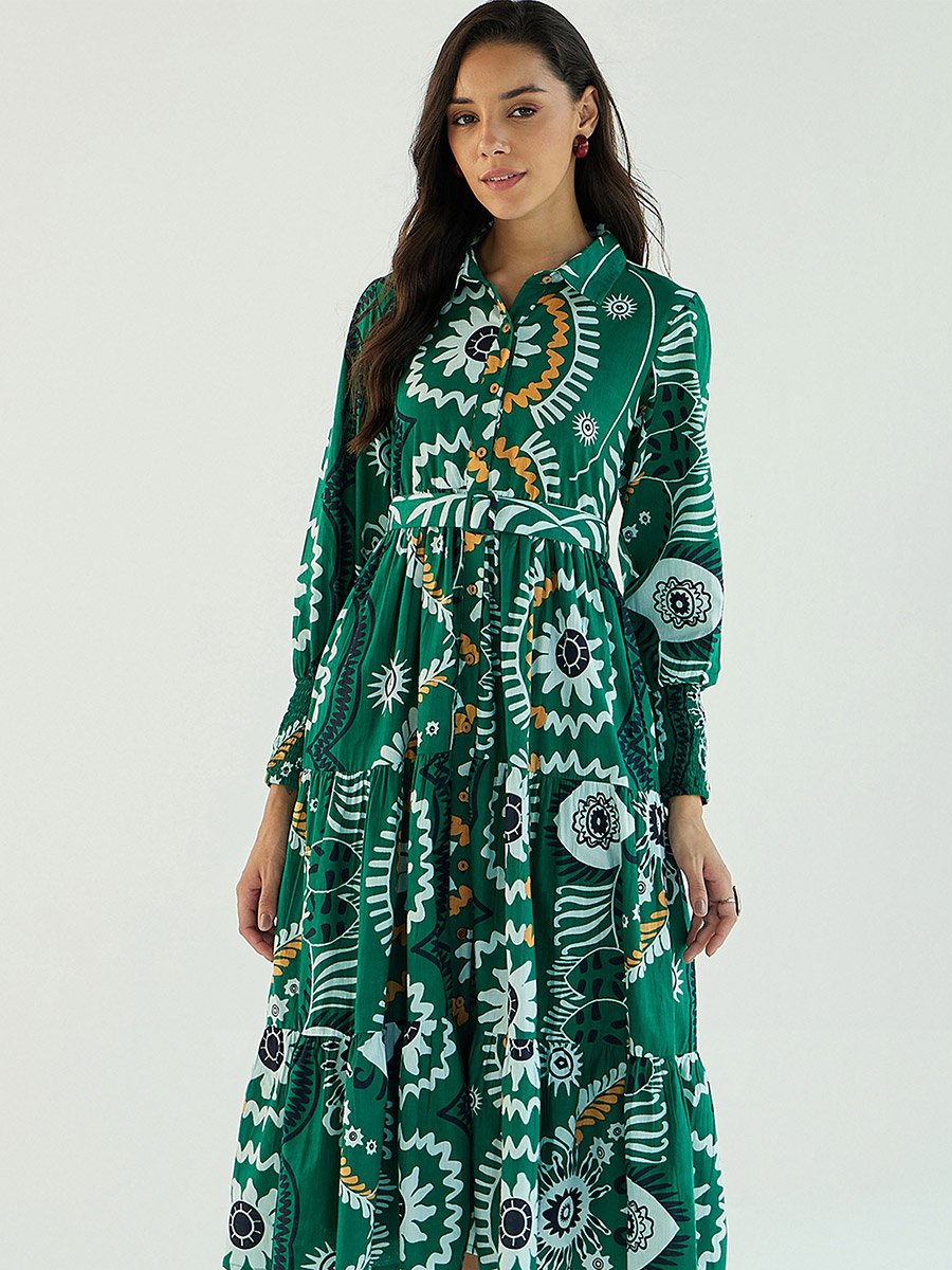 Green Floral Front-Button Midi Dress For Women at UAE | Styli
