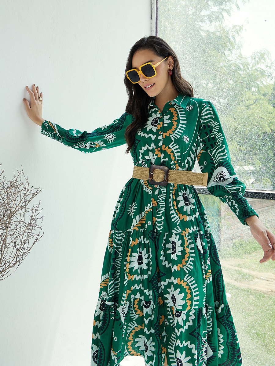 Green Floral Front-Button Midi Dress For Women at UAE | Styli Green Floral Front-Button Midi Dress For Women at UAE | Styli