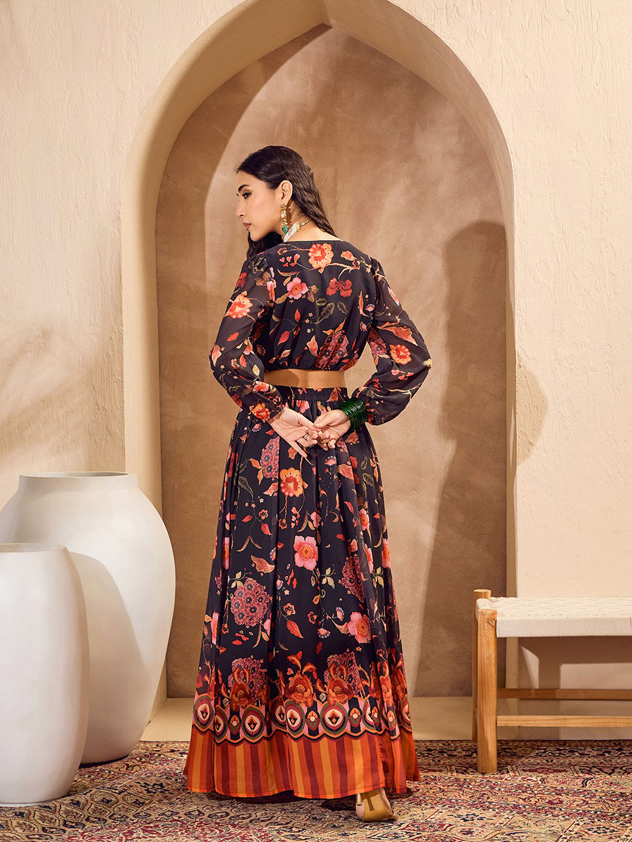 Black Floral Print Wrap Crop Top with Anarkali Skirt Co-Ords For Women at Saudi | Styli Black Floral Print Wrap Crop Top with Anarkali Skirt Co-Ords For Women at Saudi | Styli