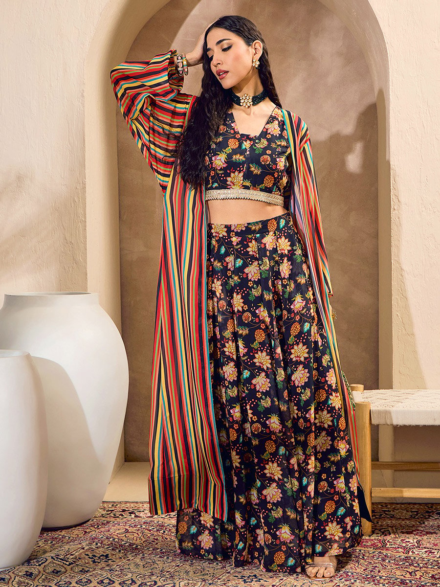 Black Floral Crop Top with Anarkali Skirt and Shrug Co-Ords