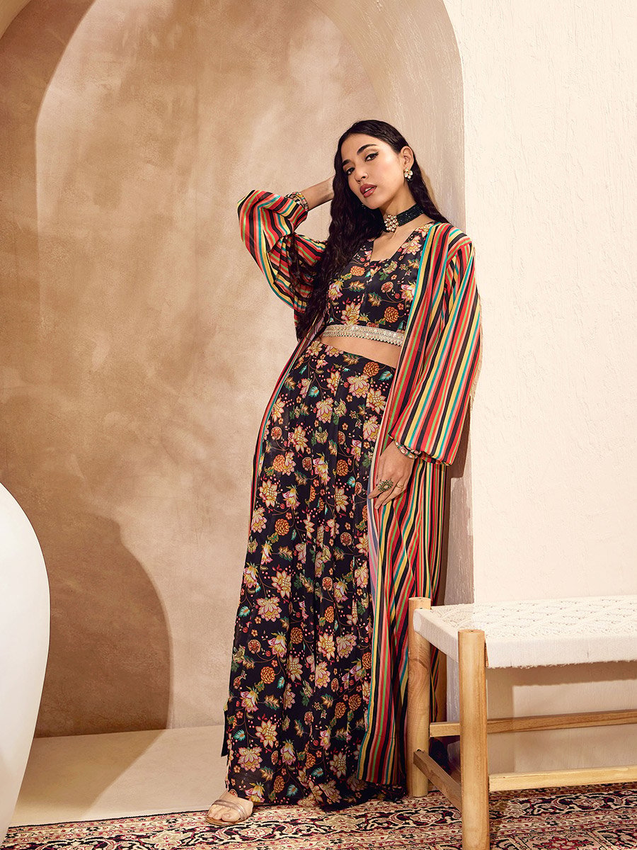 Black Floral Crop Top with Anarkali Skirt and Shrug Co-Ords