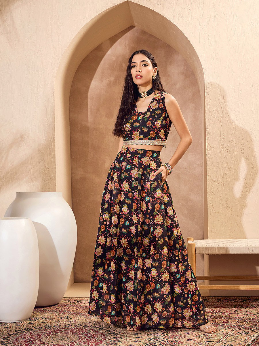 Black Floral Crop Top with Anarkali Skirt and Shrug Co-Ords