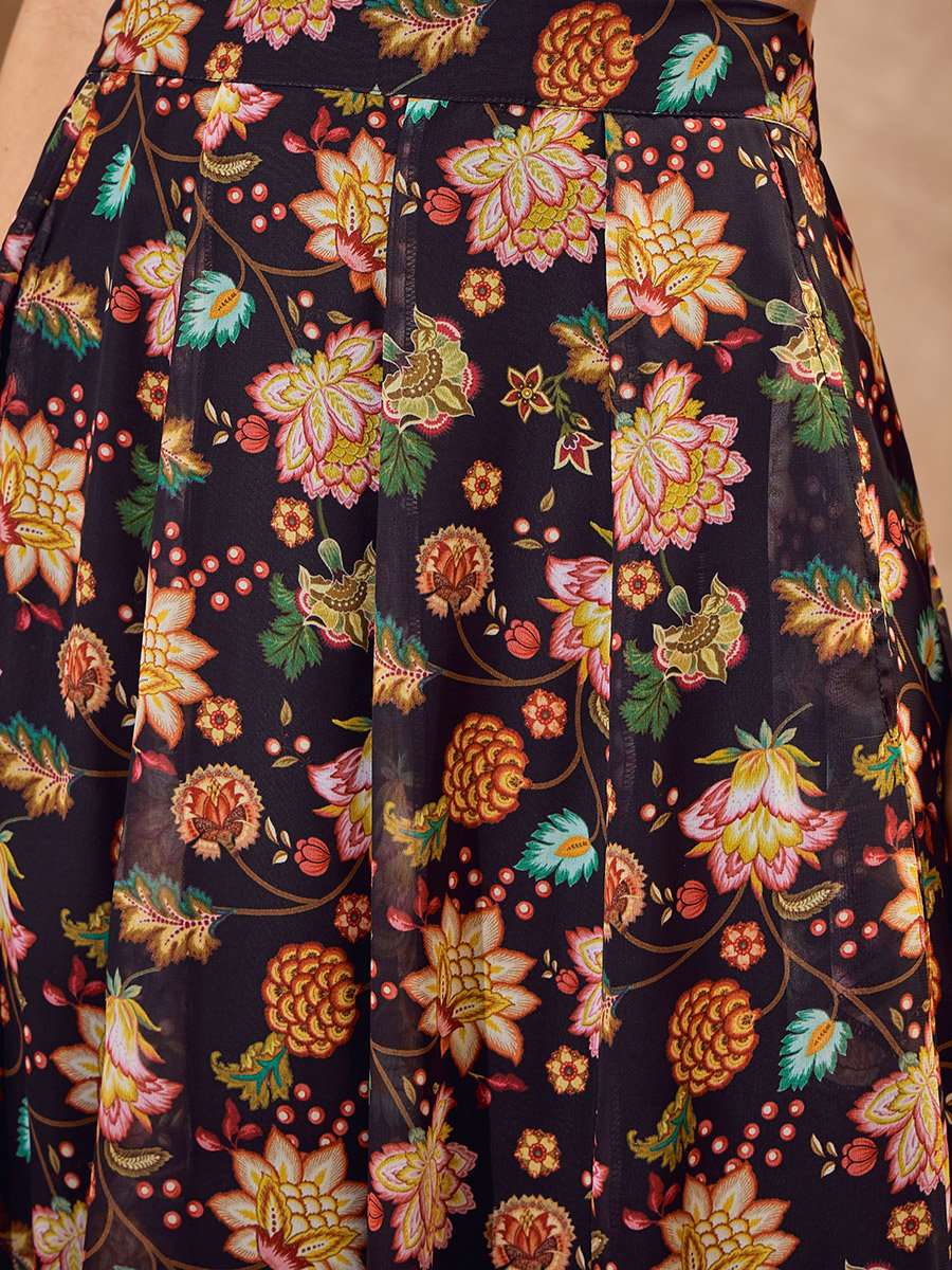 Black Floral Crop Top with Anarkali Skirt and Shrug Co-Ords