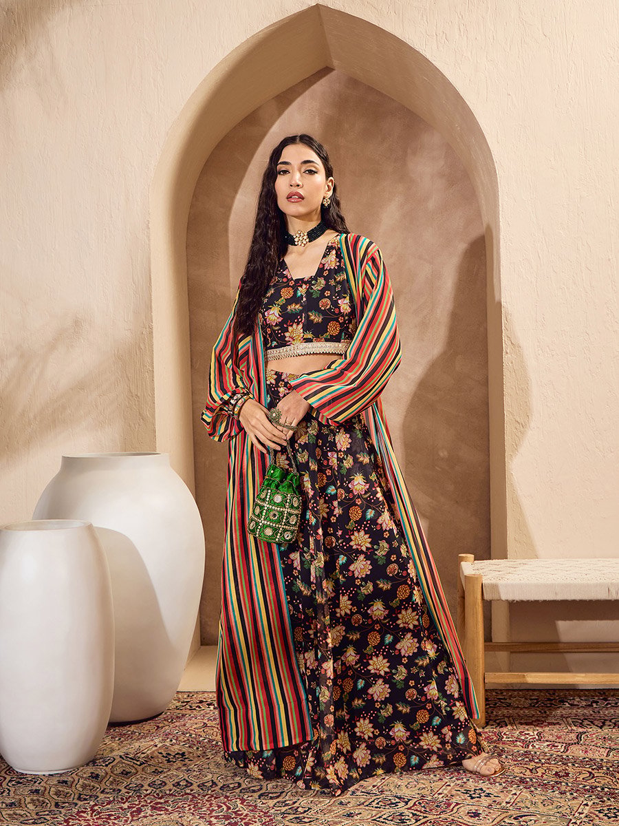 Black Floral Crop Top with Anarkali Skirt and Shrug Co-Ords