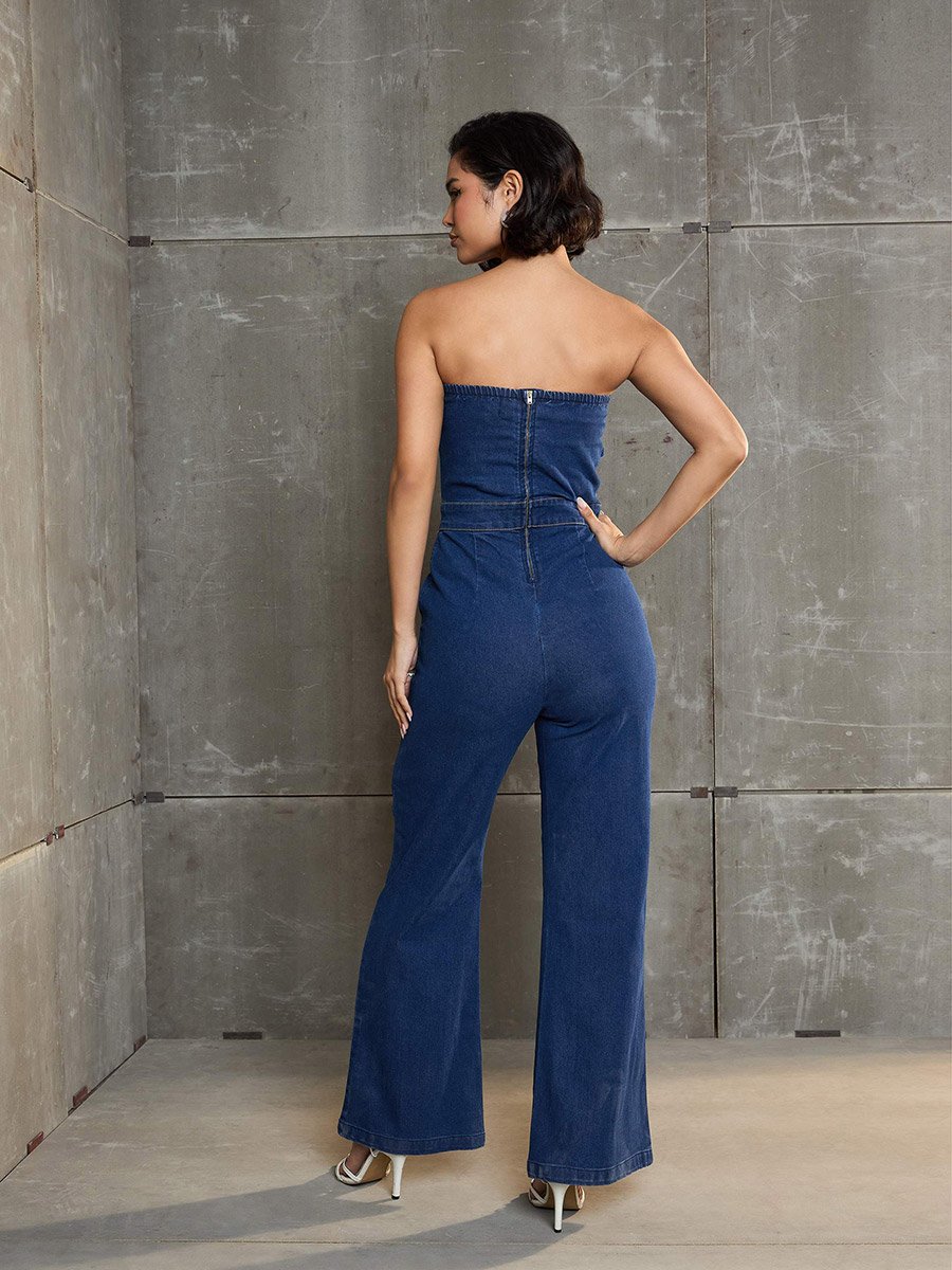 Navy Blue Denim Bandeau Neck Jumpsuit