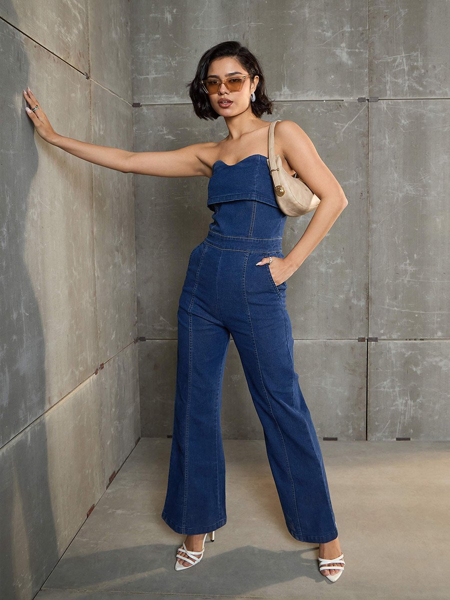 Navy Blue Denim Bandeau Neck Jumpsuit