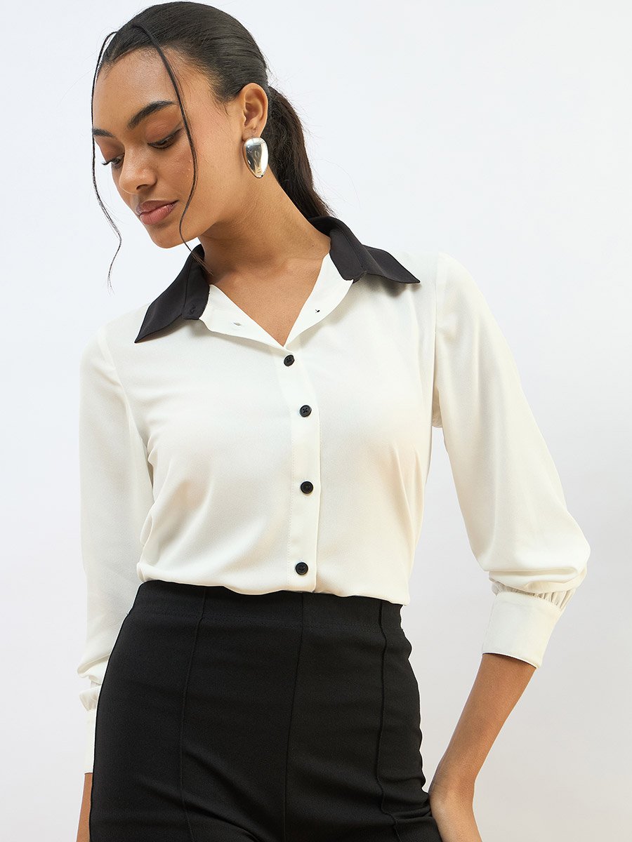 White Contrast Collar Regular Fit Buttoned Shirt