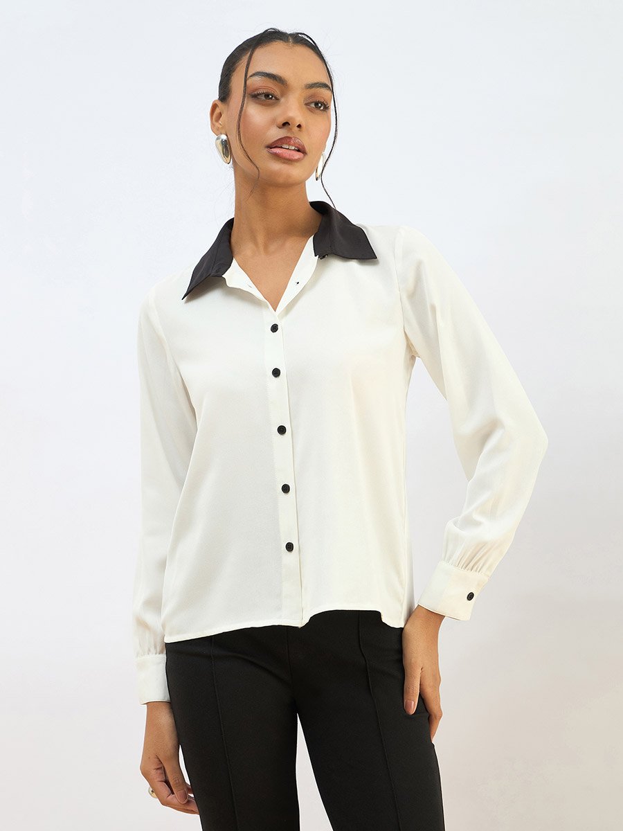 White Contrast Collar Regular Fit Buttoned Shirt