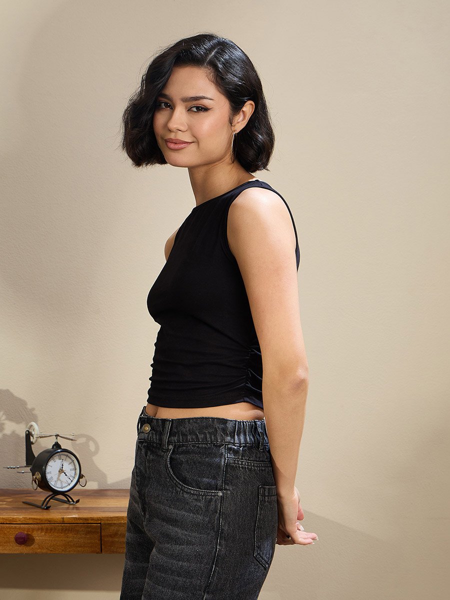 Black Jersey Sleeveless Ruched Crop Top