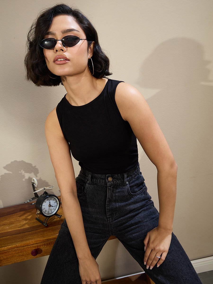 Black Jersey Sleeveless Ruched Crop Top
