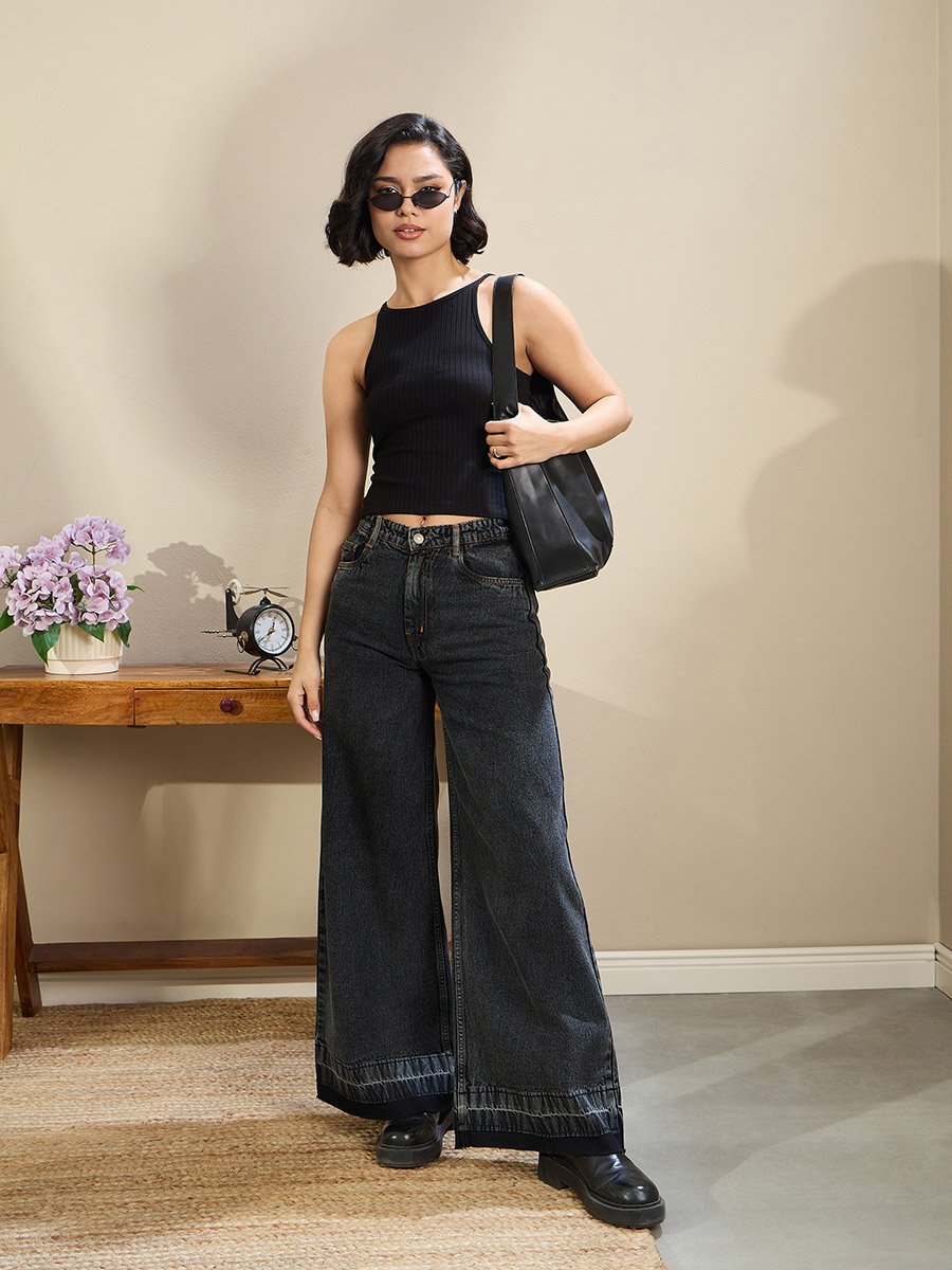 Black Ribbed Strappy Crop Top