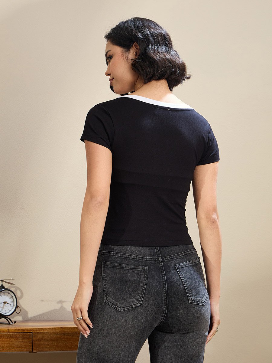 Women Black Contrast Deep V Neck Fitted Crop T-Shirt