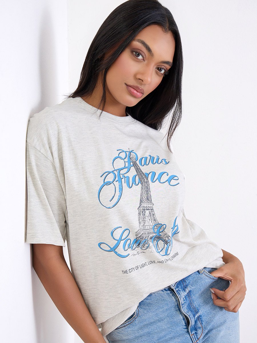 Grey Graphic Oversized 100% Cotton T-Shirt