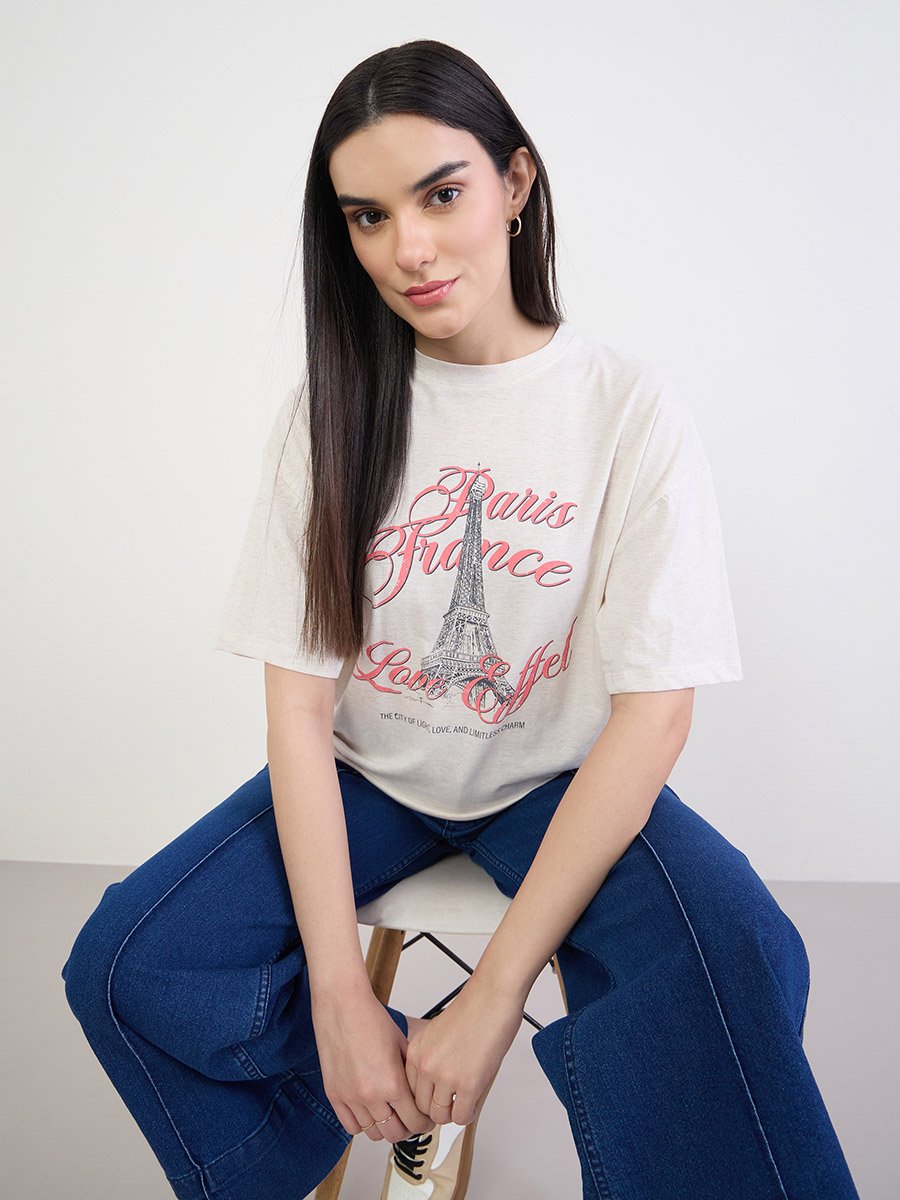Beige Graphic Oversized Cotton T-Shirt