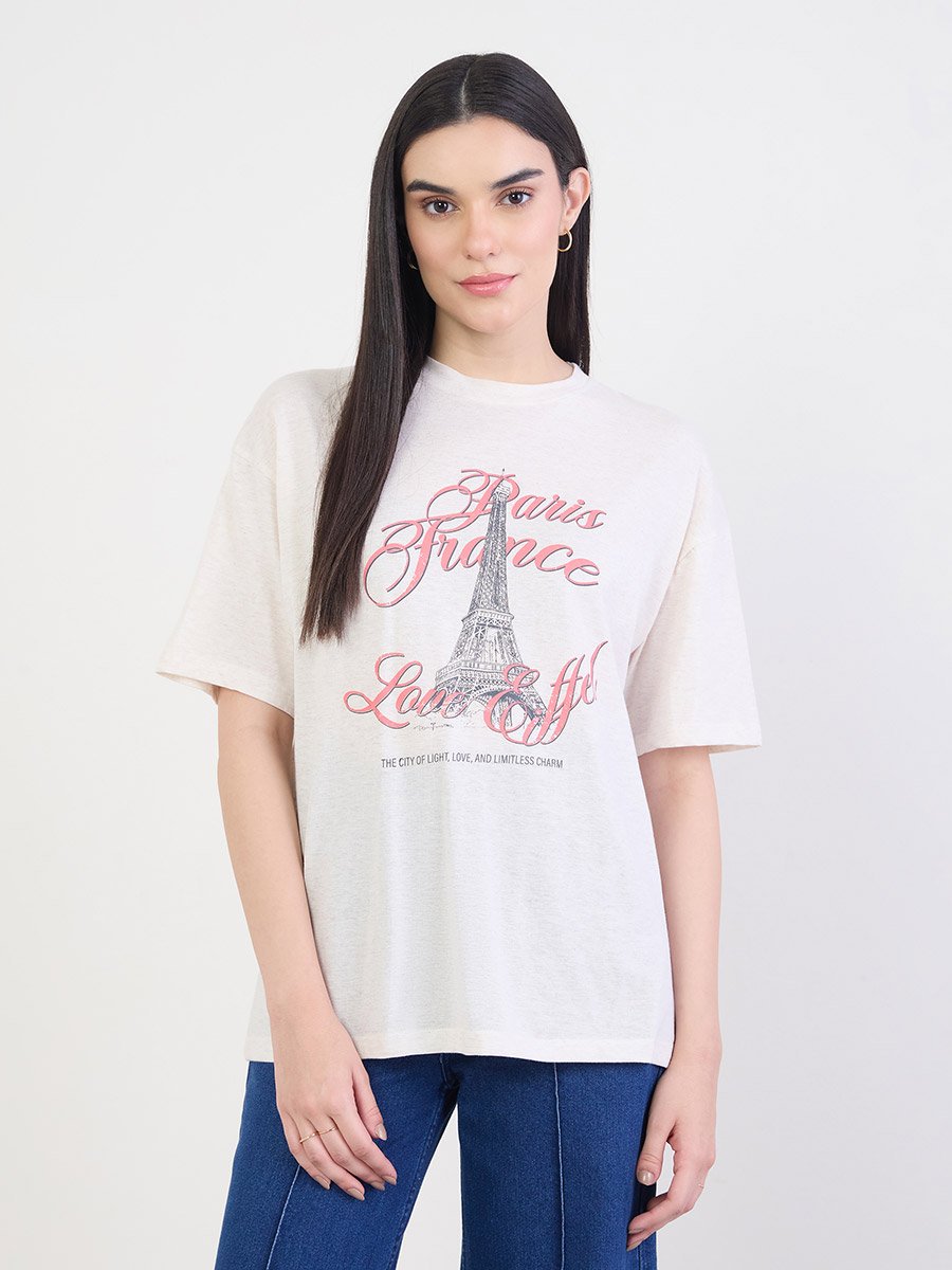 Beige Graphic Oversized Cotton T-Shirt