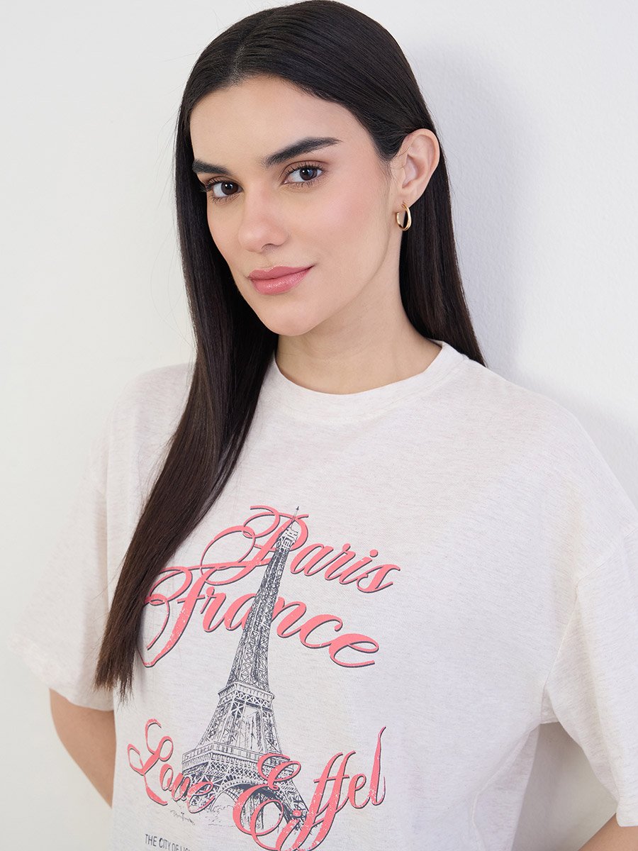 Beige Graphic Oversized Cotton T-Shirt