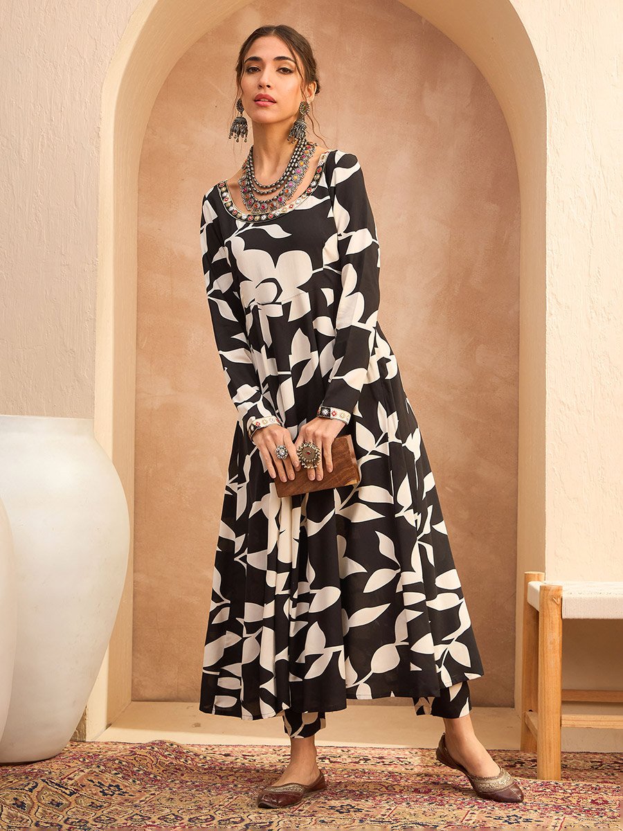 Black Floral Anarkali Kurta and Pants Set