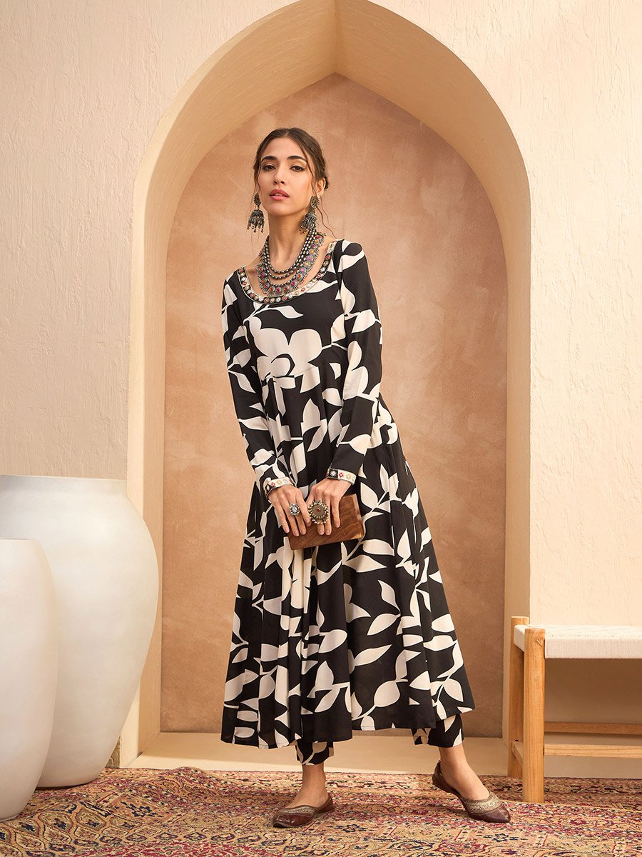 Black Floral Anarkali Kurta and Pants Set