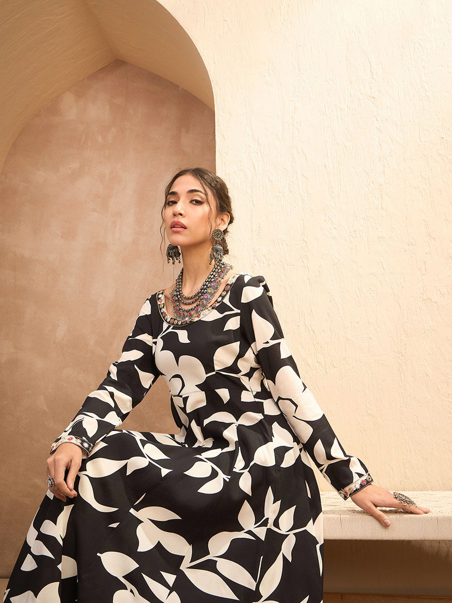 Black Floral Anarkali Kurta and Pants Set