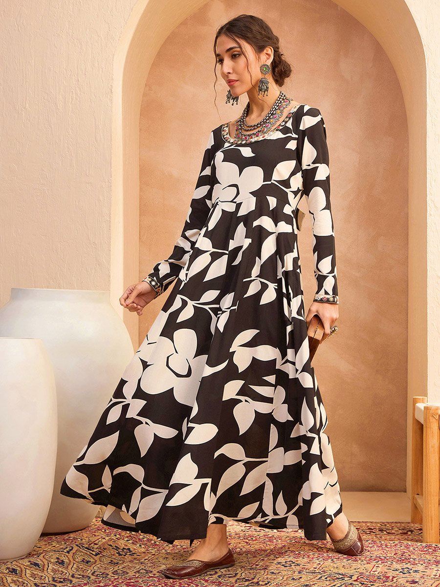 Black Floral Anarkali Kurta and Pants Set
