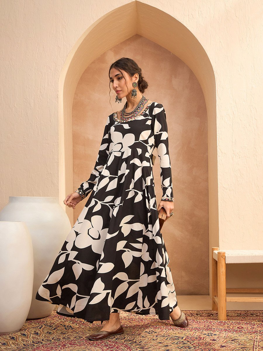 Black Floral Anarkali Kurta and Pants Set