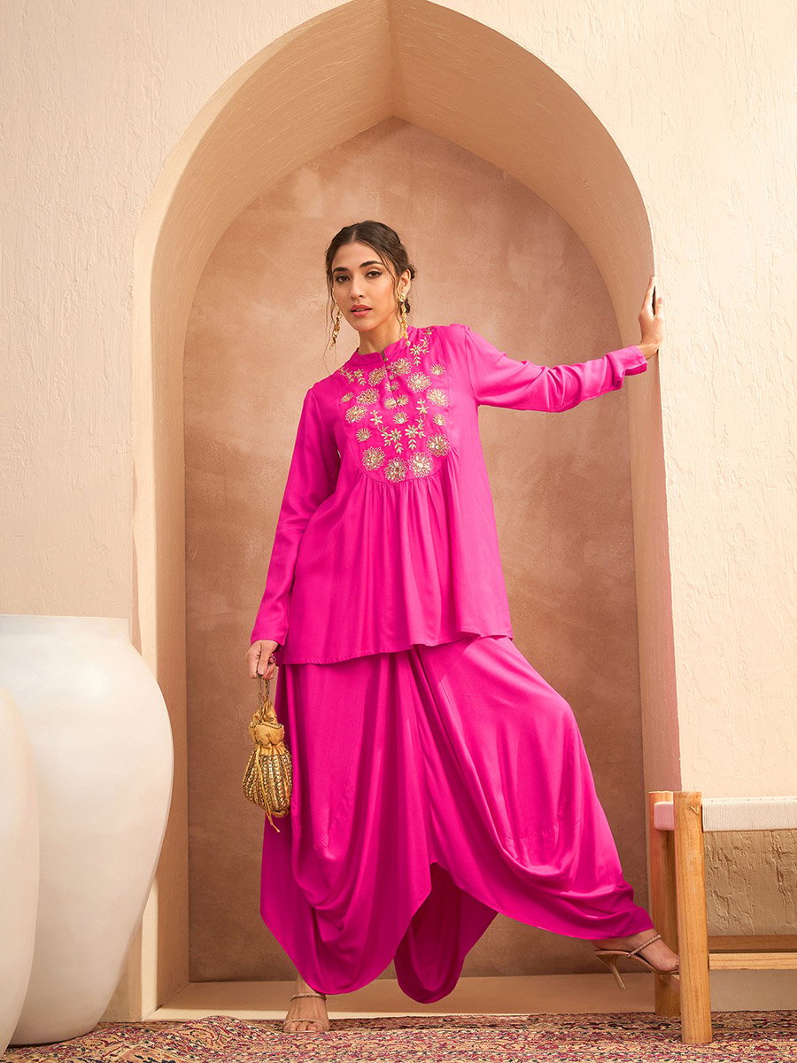 Fuchsia Embroidered Peplum Top with Dhoti Skirt Set