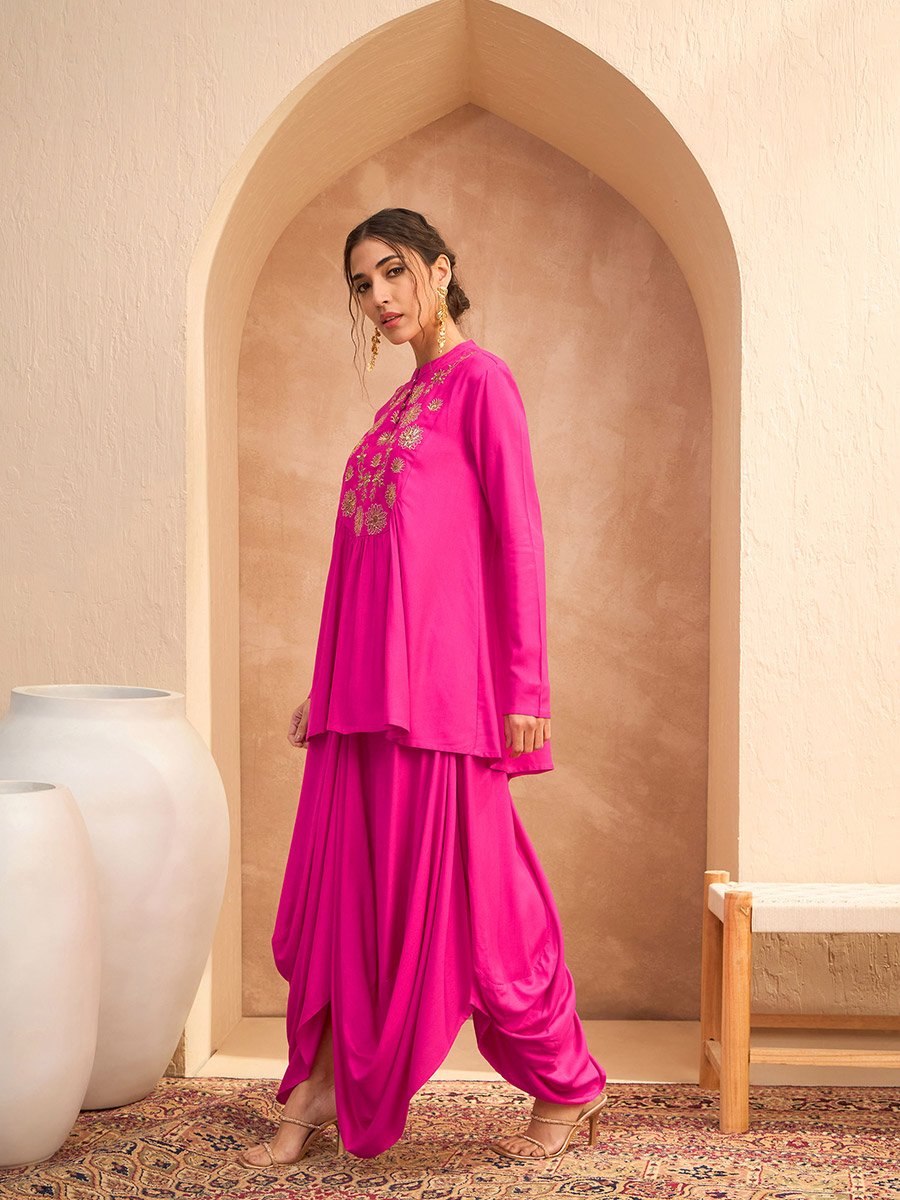 Fuchsia Embroidered Peplum Top with Dhoti Skirt Set