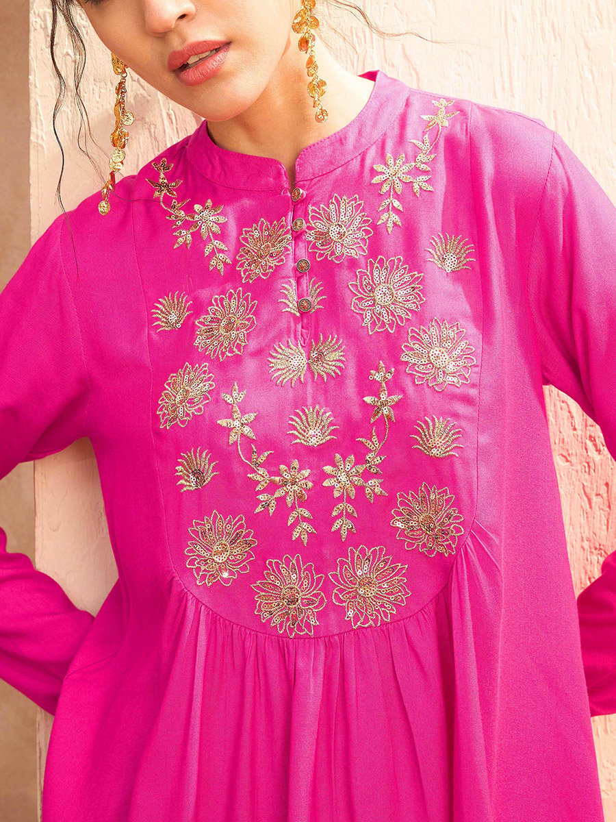 Fuchsia Embroidered Peplum Top with Dhoti Skirt Set For Women at UAE | Styli