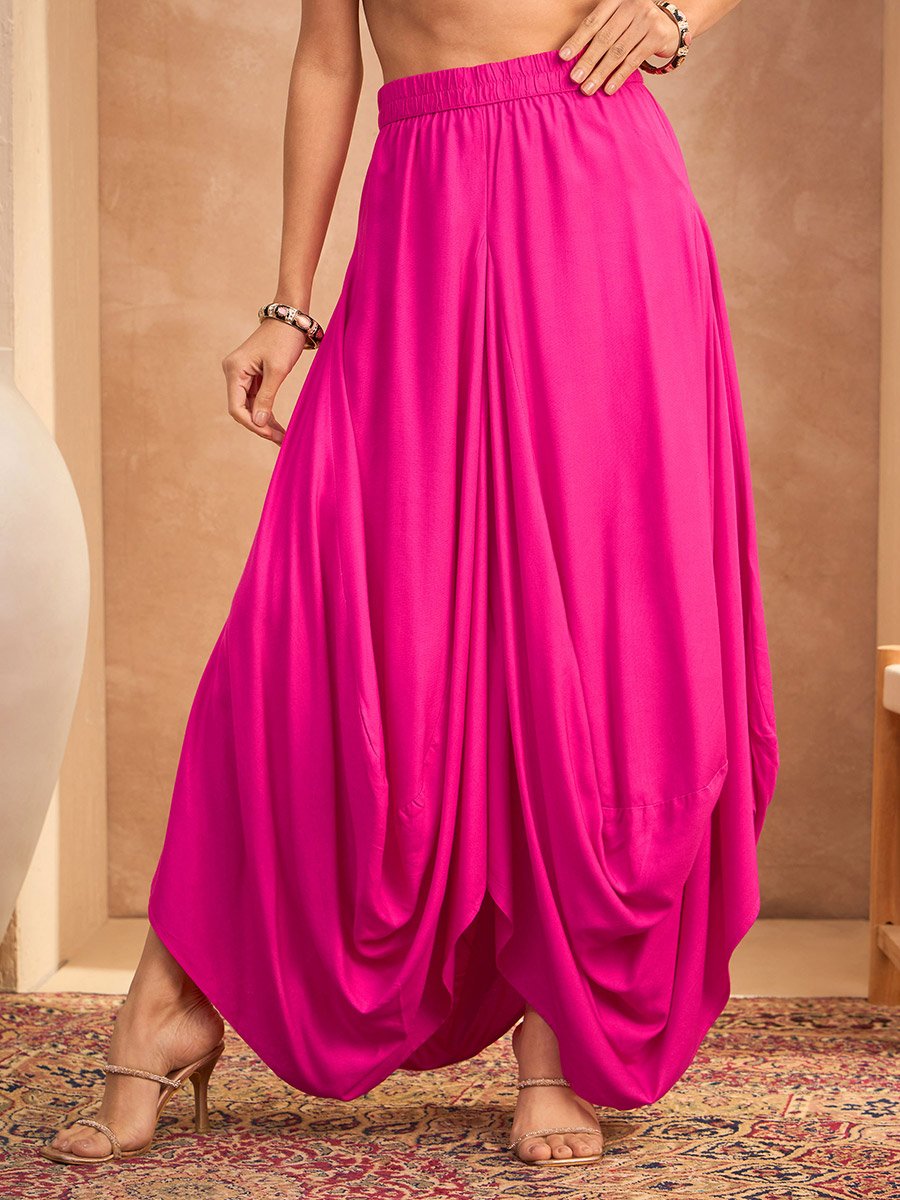 Fuchsia Embroidered Peplum Top with Dhoti Skirt Set