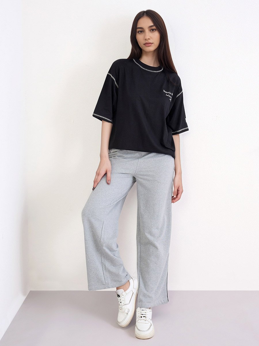 Grey Wide Leg Joggers with Piping Detail