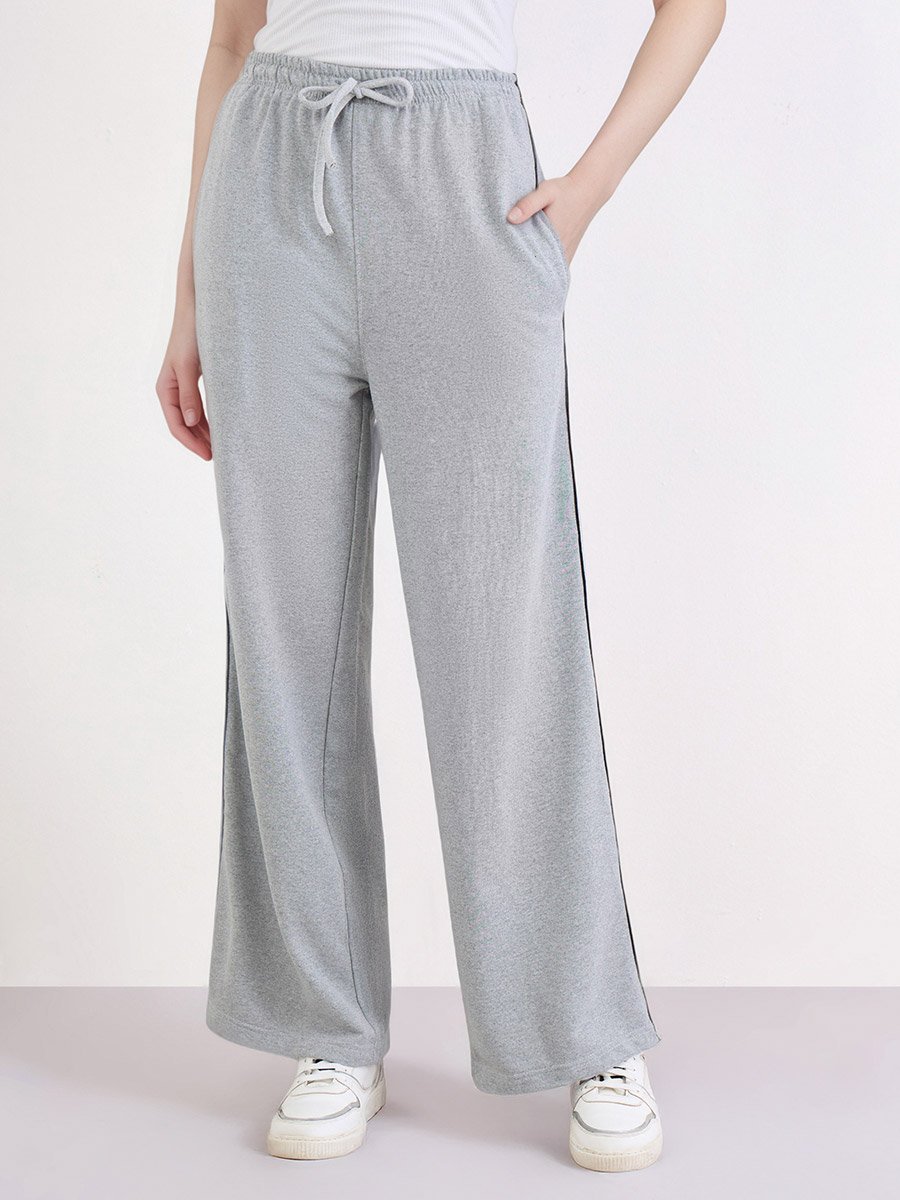 Grey Wide Leg Joggers with Piping Detail