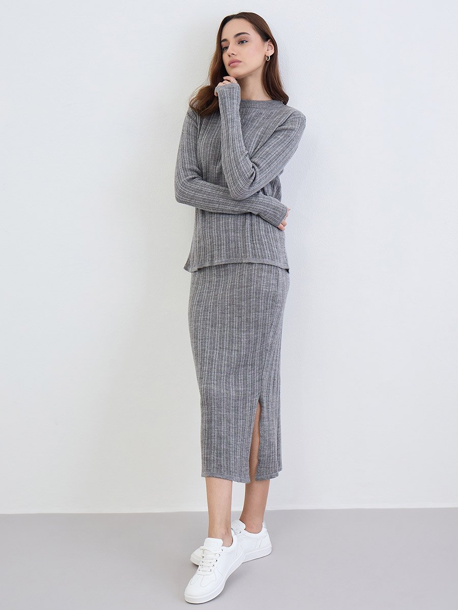 Grey Ribbed Knit Sweater and Skirt Co-Ords