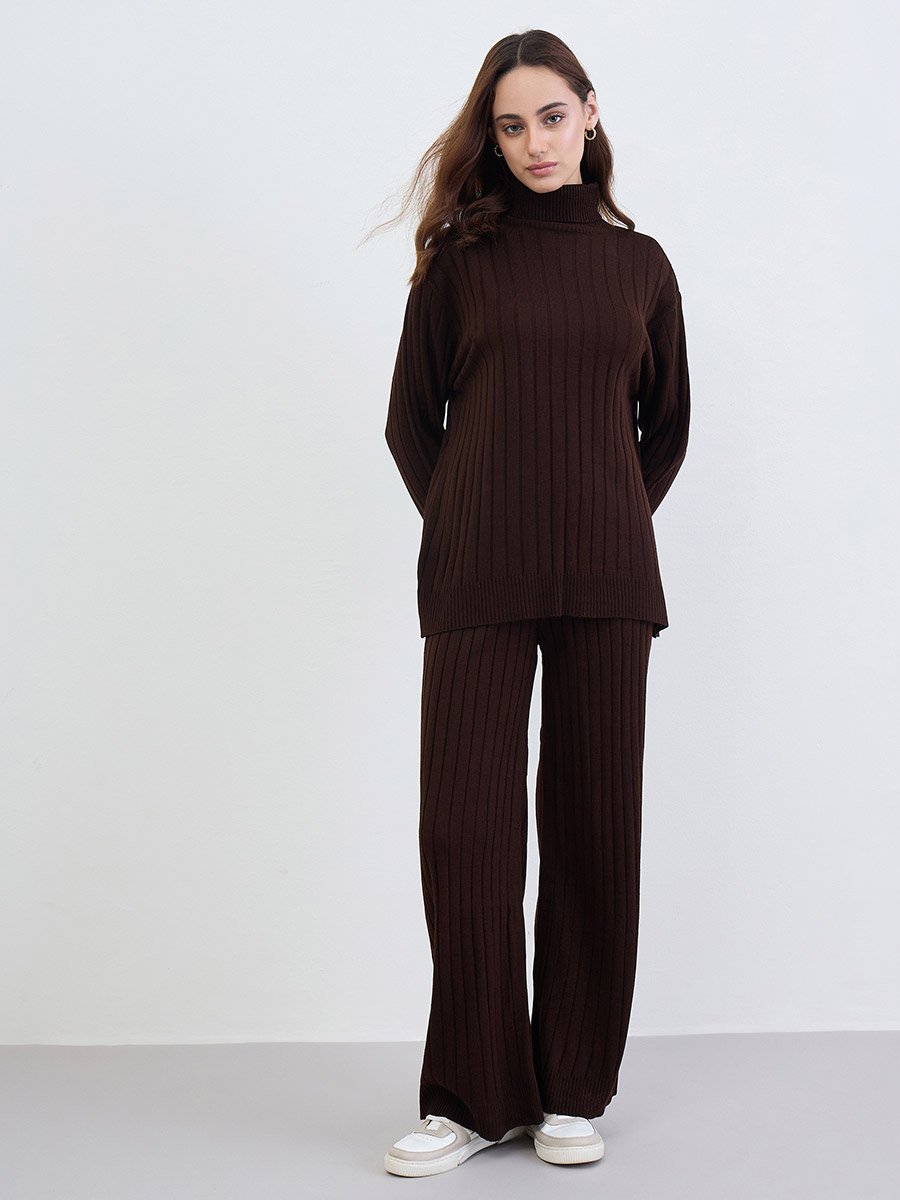 Longline Turtle Neck Knit Sweater and Pants Co-Ords