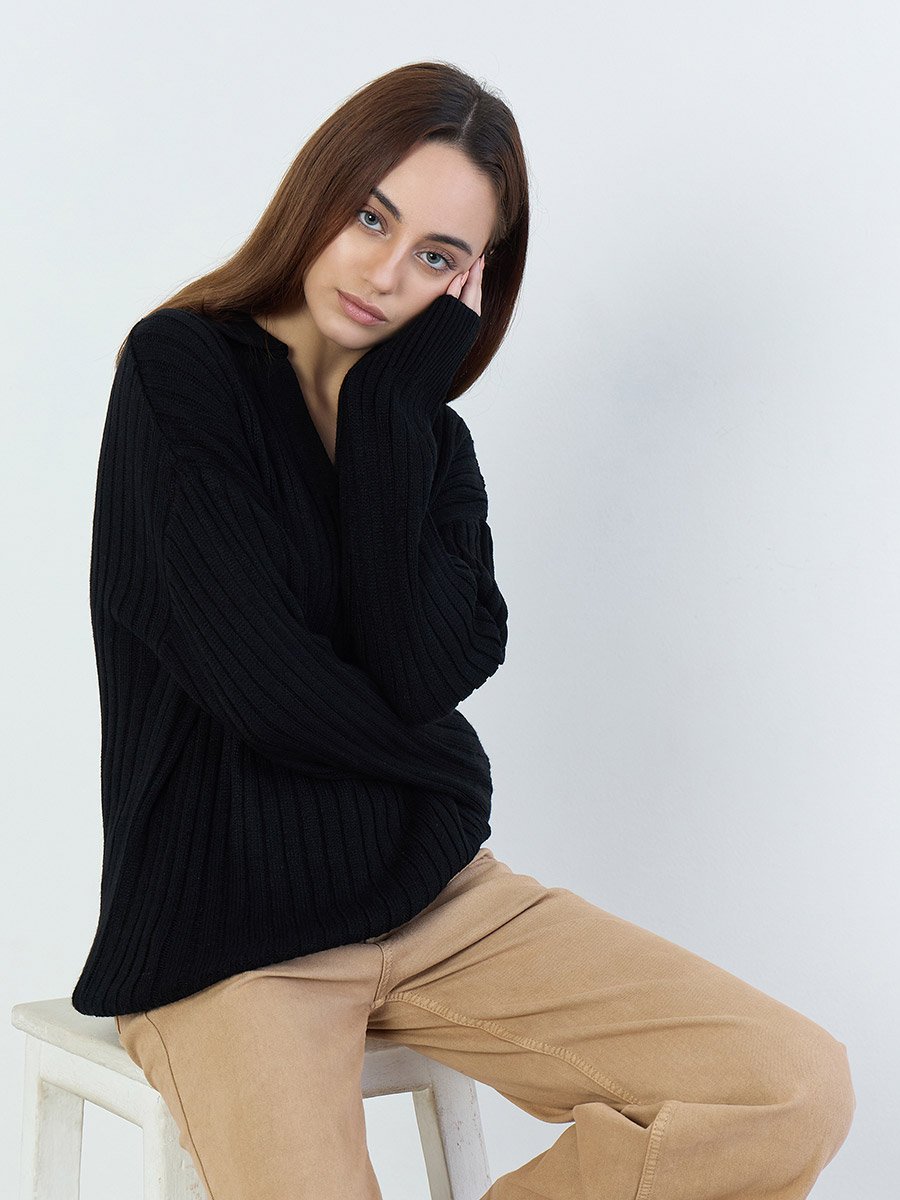 Women Black Ribbed V-Neck Sweater