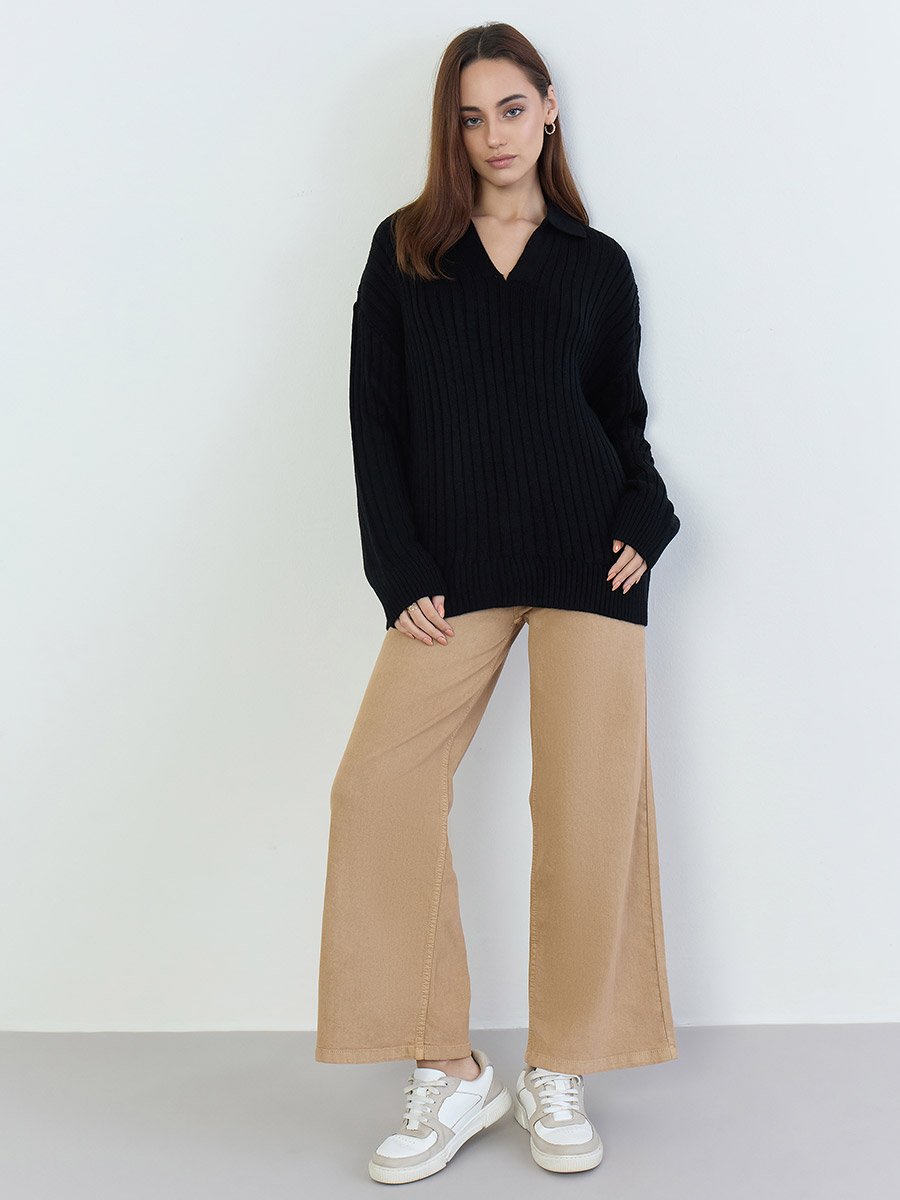 Women Black Ribbed V-Neck Sweater
