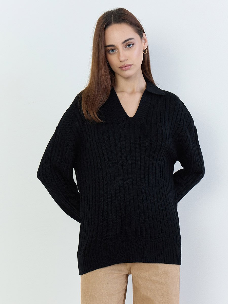 Women Black Ribbed V-Neck Sweater