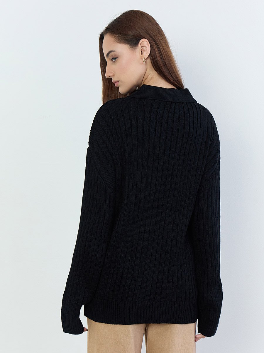Women Black Ribbed V-Neck Sweater
