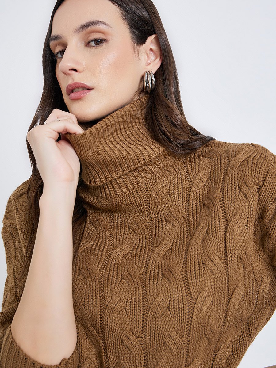 Tan Cable Knit Longline Sweater